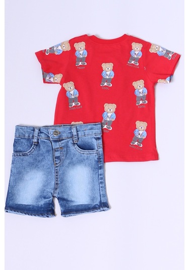 Erkek Bebek Şortlu Takım Kot Şortlu Çıtçıt Detaylı Baskılı B26 Kırmızı