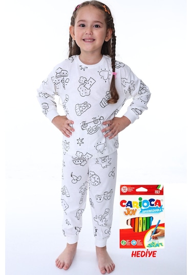 Zuzunga En Sevimli Figürler Özel Kalemi İle Boyanabilir Çocuk Pijama Takımı 12'li Kalem Seti Hediye Beyaz1 Beyaz