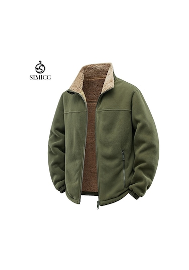 Erkek Dik Yaka Polar Ceket, Sonbahar Ve Kış Stili, Kalınlaştırılmış Polar Günlük Sweatshirt, Bol Kesimli Ceket Yeşil