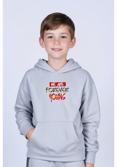 Kapüşonlu Kanguru Cepli Foreever Baskı Detaylı Erkek Çocuk Sweatshirt Gri