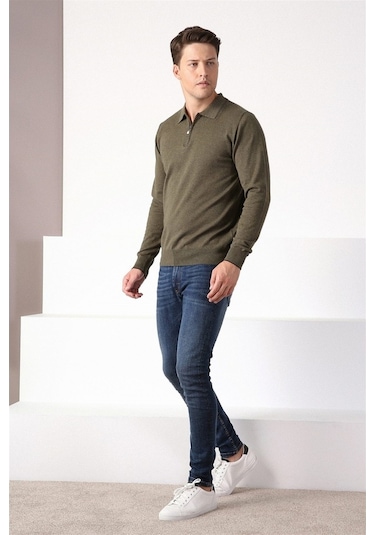 Ferraro Haki Polo Yaka Fermuarlı Erkek Pamuk Kazak Haki (456045549) Haki