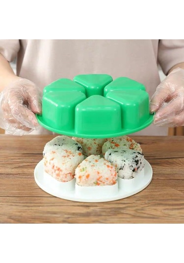 Vkemall Ev Ve Kamp İçin Yeşil 6'lı Rice Ball Ve Sushi Yapım Seti - Kalıp Ve Kapaklı Dıy Bento Aracı Yeşil