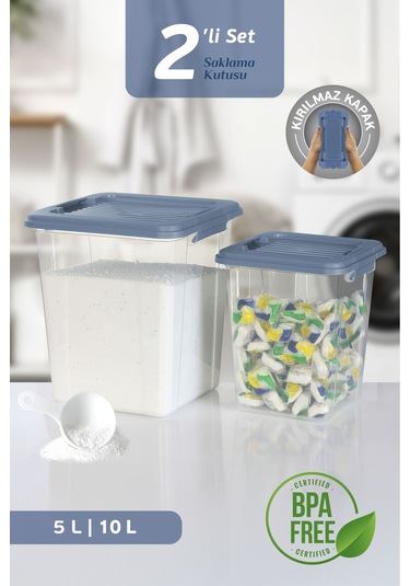 2'li Set 5-10l Kilit Kapak Saklama Kutusu Deterjanlık - Un Bakliyat Erzak Saklama Kabı Organizer Box Mavi
