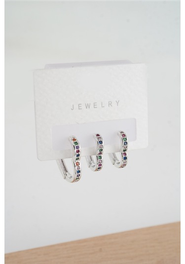 By Zeyna Aksesuar Kadın Vip Seri Zirkon Taşlı 3'lü Küpe-4604 Gümüş