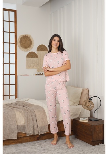 Kadın Yazlık Kısa Kol Penye Süprem Kumaş Pijama Takımı Pudra