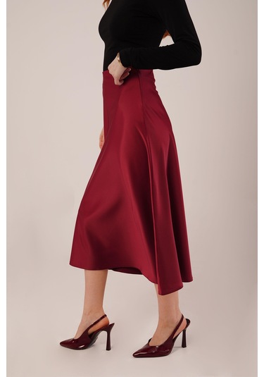Çan Kesim Midi Bordo Saten Etek Bordo
