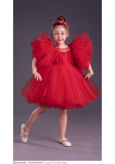 Kız Çocuk Tütü Etekli Kabarık Kollu Komotini Taçlı Abiye Elbise Kırmızı 1662 Kırmızı