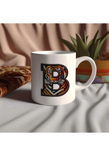 B Harfi Kaplan Figürlü Nakış Desenli Kupa Bardak - Kişiye Özel Vahşi Hayvan Desenli Kupa - Hediye 07 Beyaz