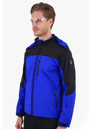 Çift Renkli Kapüşonlu Softshell Mont Saks Mavi - Siyah