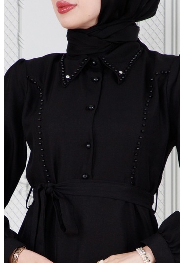 İnci Detaylı Kuşaklı Tesettür Elbise-siyah-3583-beyaz Beyaz