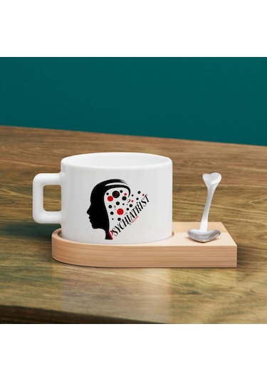 Bk Gift Kişiye Özel İsimli Psikiyatrist Tasarımlı-3, Ahşap Altlıklı Seramik Fincan, Meslek Hediyesi, Yeni İş Hediyesi Kobitmeyen137939 Bk Gift