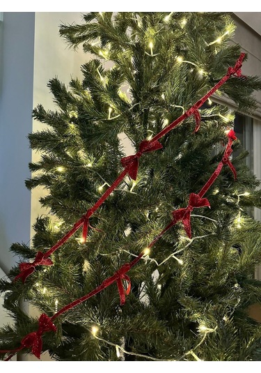 Yılbaşı Kırmızı Simli Kadife Kurdele Fiyonk Noel Çam Ağaç Süsü 1 Adet