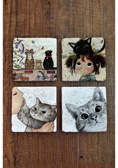 Doğal Taş Bardak Altlığı 4'lü Set - Kedi Desenli - Stone Coasters Çok Renkli