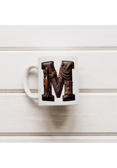 M Harfi Kovboy Temalı Bardak 330 Ml İsim / Harf Kişiye Özel Hediye - Vahşi Batı Konsept Beyaz