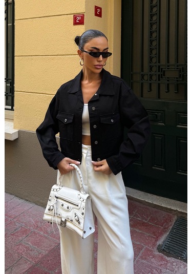Siyah Çift Cep Denim Crop Ceket Bcdf-255419 Çok Renkli