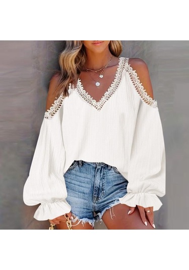 Vonda Kadın Vintage V Yaka Fener Uzun Kollu Omuzdan Bağlamalı Dantel Bluzlar Beyaz