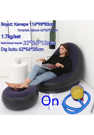 Ikkb Şişme Tembel Koltuk Pedal İle İki Parçalı Taşınabilir Dış Mekan Mobilya Ayak Pompalı Mavi Mavi
