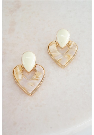 Kadın Vip Seri Sedefli Kalp Model Mineli Küpe Seti - Beyaz