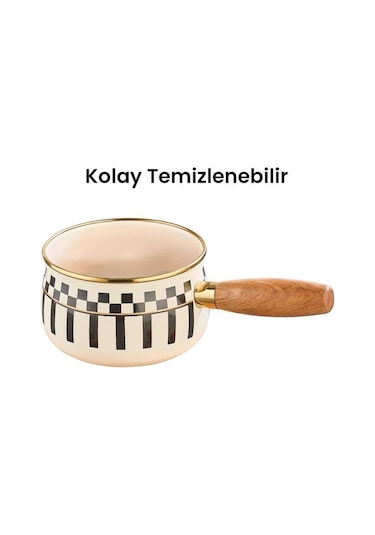 Prime Cream Emaye Ahşap Saplı Sosluk / Sütlük 14 Cm Ve Emaye Servis Tepsisi 28 Cm Krem