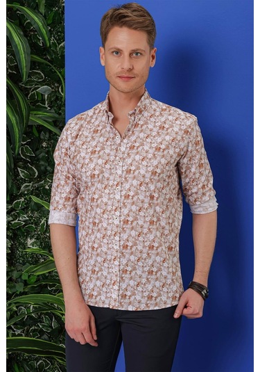 G 1542 Slim Fit Taba Klasik Gömlek Taba