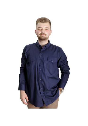 Mode Xl Büyük Beden Gömlek Gabardin Çift Cep Kapaklı 20360 Lacivert 001