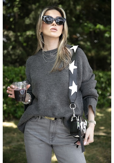 Lela Regular Fit Bisiklet Yaka Basic Triko Bayan Kazak 4616213 Antrasit