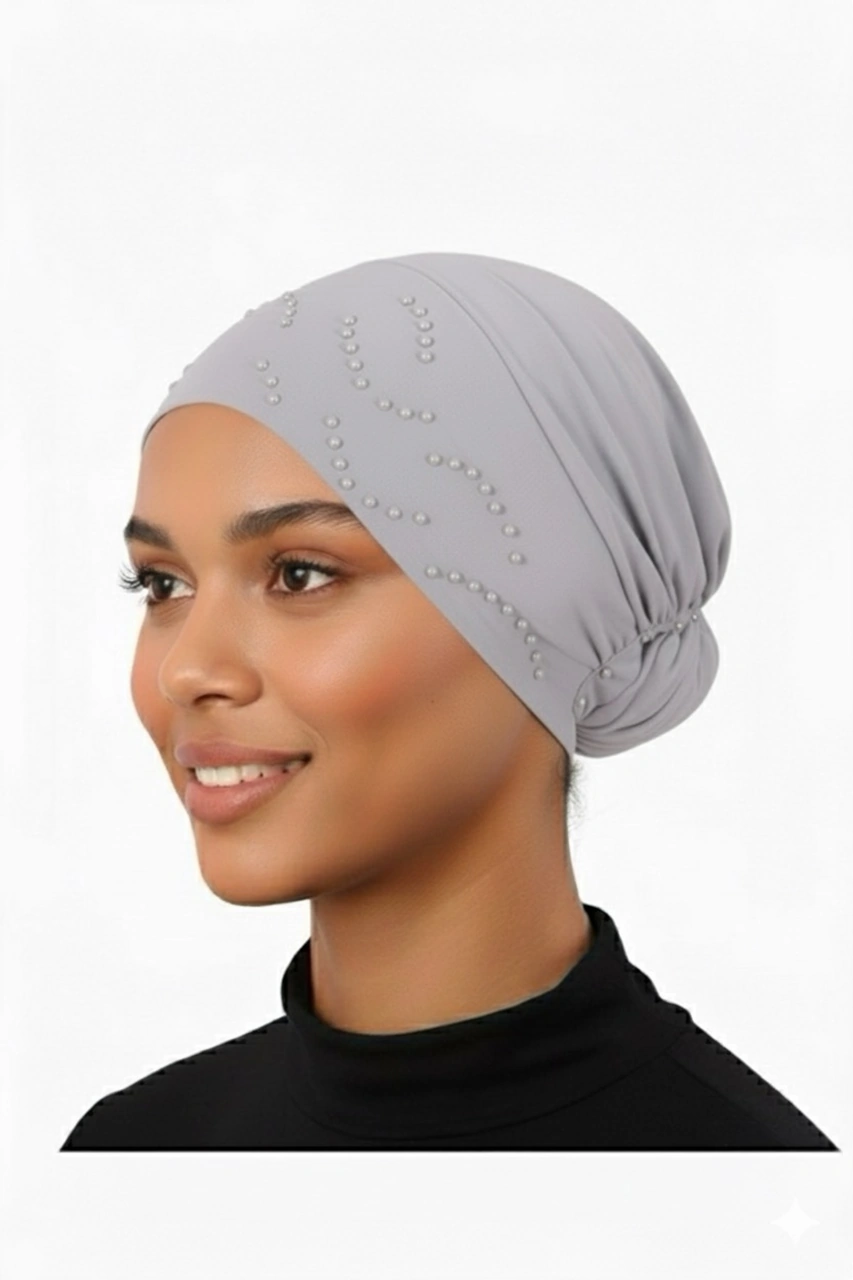 Topuzlu Açık Gri Hazır Türban Tesettür Bone Açık Gri