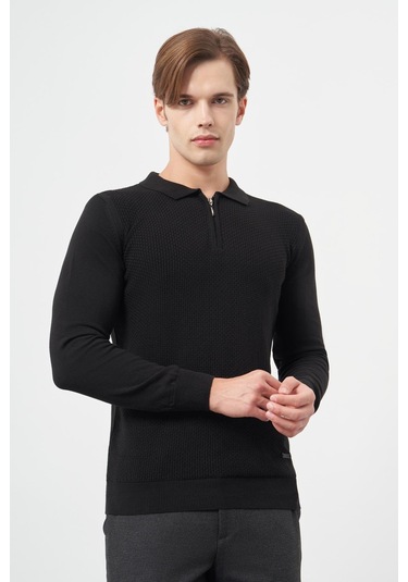 Siyah Uzun Kol Kendinden Desenli Örme Polo Yaka Classic Comfort Fit Triko 1012245156 Siyah