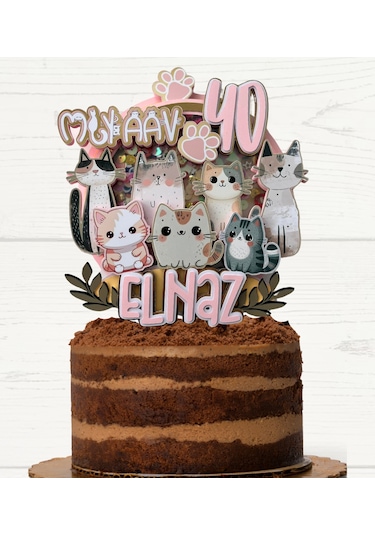 Kedi Temalı İsme Özel Kız Çocuk Doğum Günü Pasta Süsü