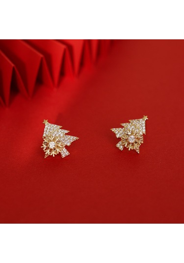 Yunboo Altın Renkli Noel Ağacı Küpe, Döner Kar Tanesi Tasarımı, Zirkon Taşlı, S925 Gümüş İğne, Kış Bayramı Aksesuarı D0007 Gold