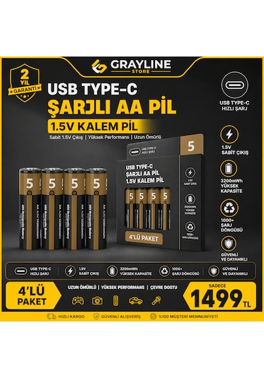 Usb Type-c Şarjlı Aa Lityum Pil 1.5v Sabit Çıkış 3200mwh 4 Lü Paket