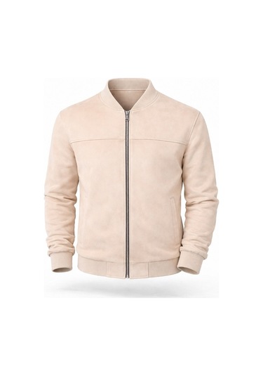 Premium Slim Fit Bomber Kolej Deri Ceket Krem