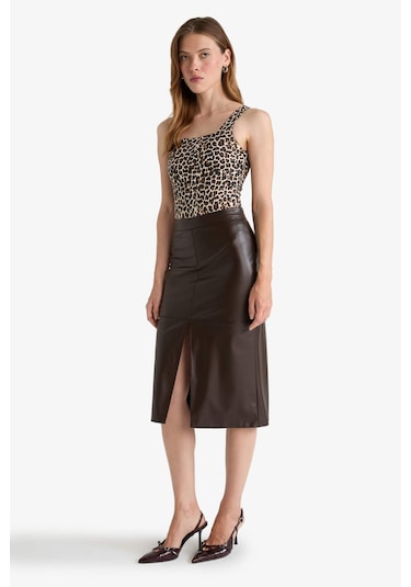 Defacto Kalem Yüksek Bel Penye Astar Suni Deri Midi Etek D4638ax25aubn116 Kahve