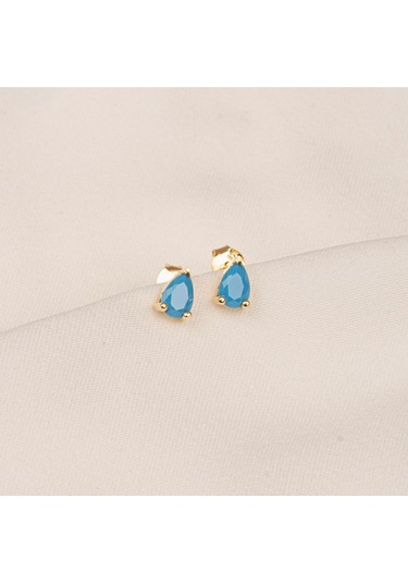 Altın Küpe - 14 Ayar Altın Damla Modelli Firuze Turkuaz Taşlı Küpe Sarı