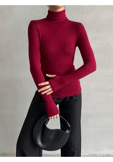 Kadın Parmak Detaylı Balıkçı Yaka Soft Bluz Bordo