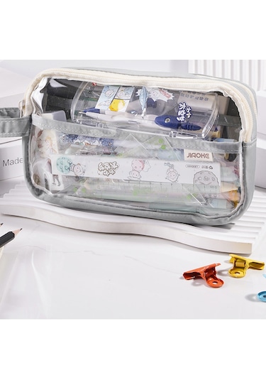 Tuomeng Büyük Kapasiteli Leke Tutmaz Kalem Kutusu Öğrenci Basit Tarzı Şeffaf Kalem Kutusu Beyaz