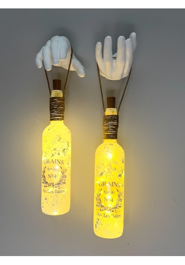 El Yapımı Heykel El Dekorlu Led Işıklı Buzlu Cam Şarap Şişesi Apl Çok Renkli