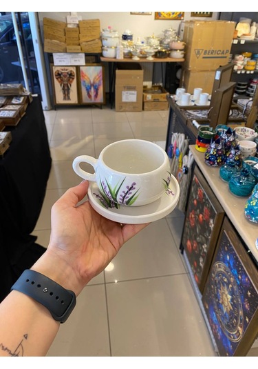 Seramik El Yapımı Fincan Takımı 2'li Set Lavanta Desenli Beyaz - Mor