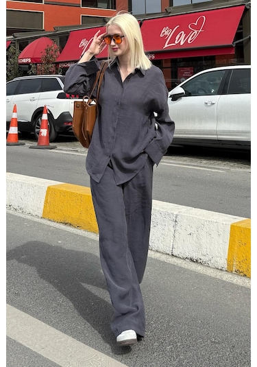 Madmext Füme Basic Kadın Gömlek Pantolon İkili Takım Mg2352 Füme