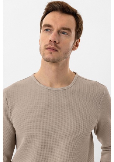 SÜVARİ Bej Slim Fit Armürlü Bisiklet Yaka Triko Kazak Bej