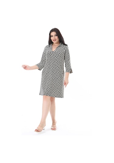 Kadın Büyük Beden Siyah V Yakalı Yan Cepli Likralı Viskon Elbise 65n38205 - Siyah