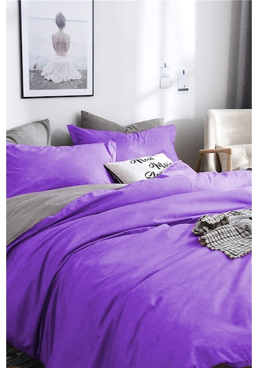 Alla Turca Tek Kişilik Ranforce Çift Taraflı Nevresim Seti - Çarşafsız Mor/gri