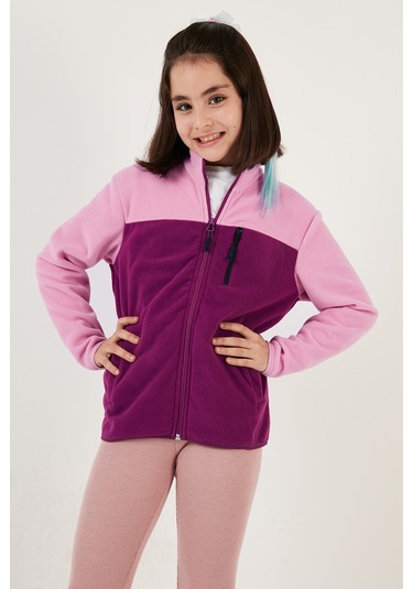 Lela Yumuşak Dokulu Fermuarlı Renk Bloklu Dik Yaka Cepli 2'Li Paket Hırka Çocuk Polar 5905001S2 Fuşya Lacivert-Şeker Pembe Mor