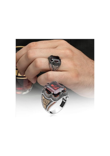 Kare Kırmızı Taşlı 925 Gümüş Erkek Yüzük