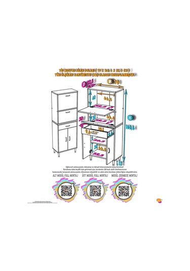 Modilayn Vio 70x163,4x32,5 Cm Yeni Çekmeceli, Kapaklı, Ekmeklikli, Çok Amaçlı Mutfak Dolabı. Beyaz
