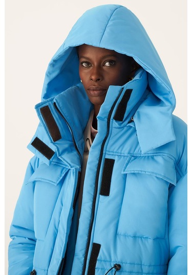 Perspective Kapüşonlu Şişme Uzun Kollu Mavi Kadın Mont 22270547