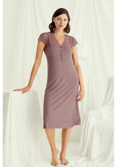 Monamise 18511 Kadın V Yaka Dantelli Düğmeli Kısa Kollu Gecelik-kahve Kahve