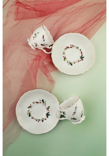 Christmas Altın Yaldızlı 2 Kişilik Porselen Kahve Fincan Takımı Beyaz - Altın