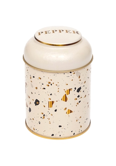 Terrazzo Cream Desenli Yuvarlak Metal Kutu, 9 X 11 Cm, 0.6 Lt