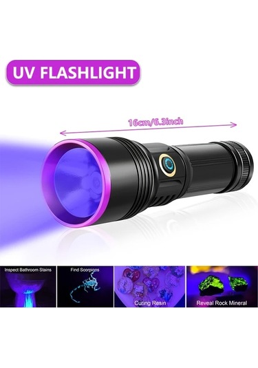 Cordial 1 Adet Profesyonel 365nm Uv El Feneri Siyah Alüminyum Alaşım Sebze Algılama Taşınabilir Yüksek Güçlü Led Şarj Edilebilir 26650 Pil Floresan Algılama Ideal Hediye Siyah